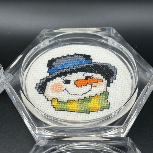 4 Acrylic Handmade Cross Stitch Snowman 4” Coasters Cork Bottom Winter Holiday - Picture 5 of 8